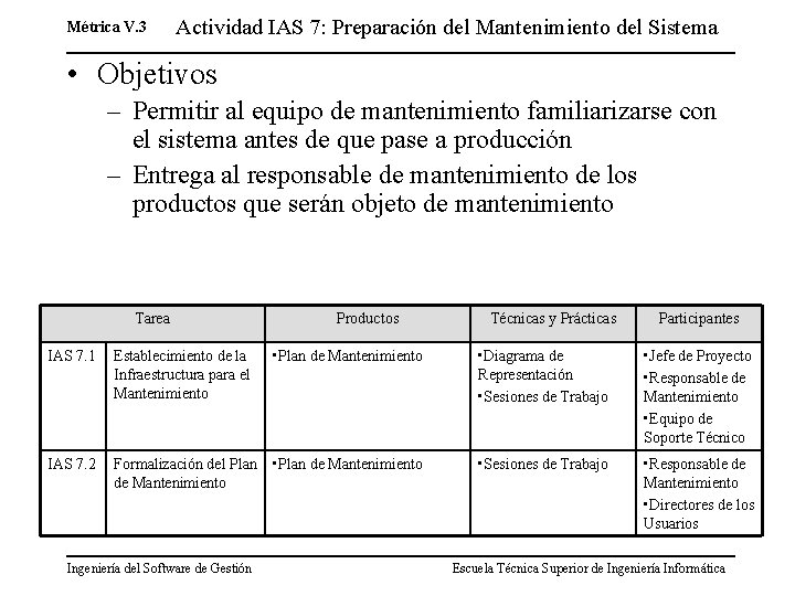 Métrica V. 3 Actividad IAS 7: Preparación del Mantenimiento del Sistema • Objetivos –