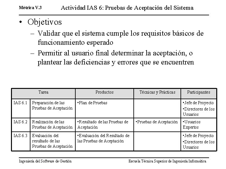 Métrica V. 3 Actividad IAS 6: Pruebas de Aceptación del Sistema • Objetivos –