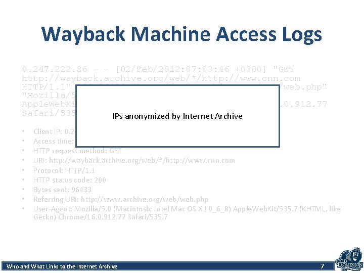 Wayback Machine Access Logs 0. 247. 222. 86 - - [02/Feb/2012: 07: 03: 46