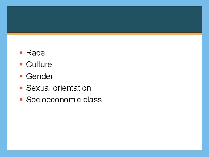 § § § Race Culture Gender Sexual orientation Socioeconomic class 