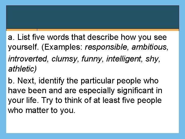 a. List five words that describe how you see yourself. (Examples: responsible, ambitious, introverted,