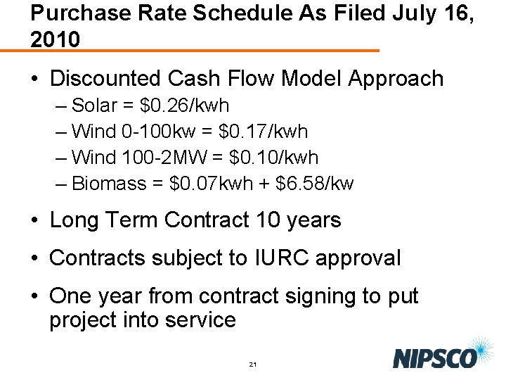 Purchase Rate Schedule As Filed July 16, 2010 • Discounted Cash Flow Model Approach