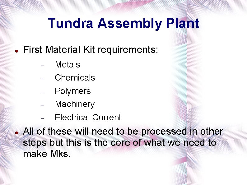 Tundra Assembly Plant First Material Kit requirements: Metals Chemicals Polymers Machinery Electrical Current All