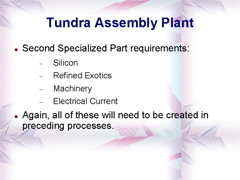 Tundra Assembly Plant Second Specialized Part requirements: Silicon Refined Exotics Machinery Electrical Current Again,