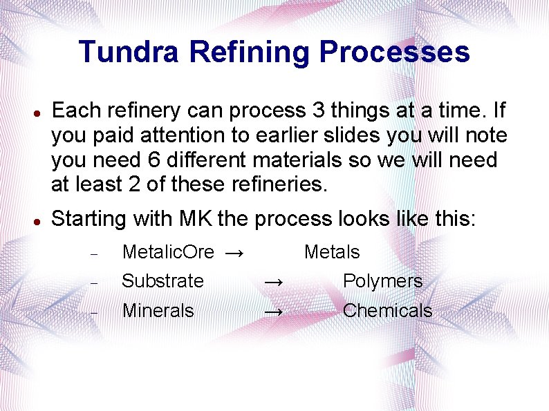 Tundra Refining Processes Each refinery can process 3 things at a time. If you