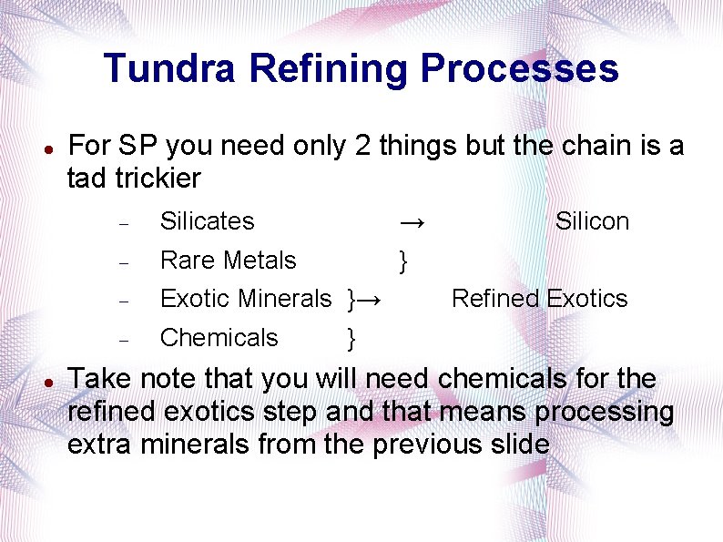 Tundra Refining Processes For SP you need only 2 things but the chain is