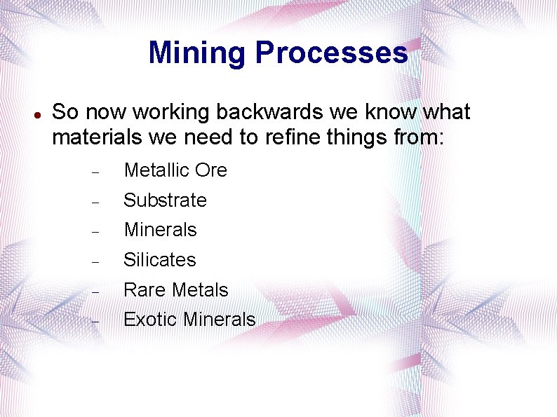 Mining Processes So now working backwards we know what materials we need to refine