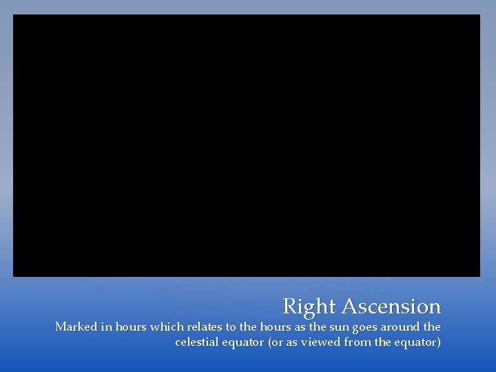 Right Ascension Marked in hours which relates to the hours as the sun goes