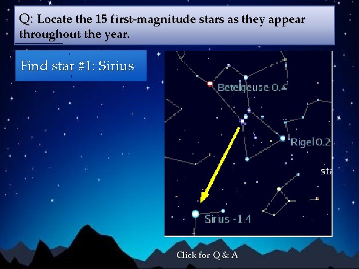 Q: Locate the 15 first-magnitude stars as they appear throughout the year. Find star