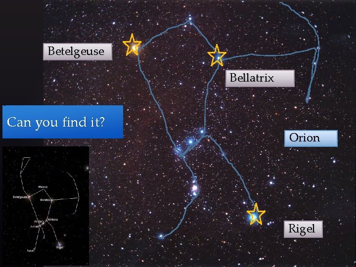 Betelgeuse Bellatrix Can you find it? Orion Rigel Click for Answer 