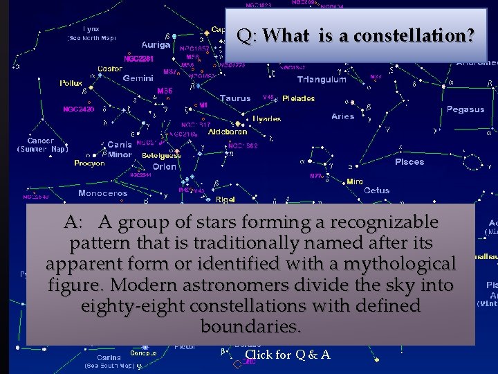 Q: What is a constellation? A: A group of stars forming a recognizable pattern