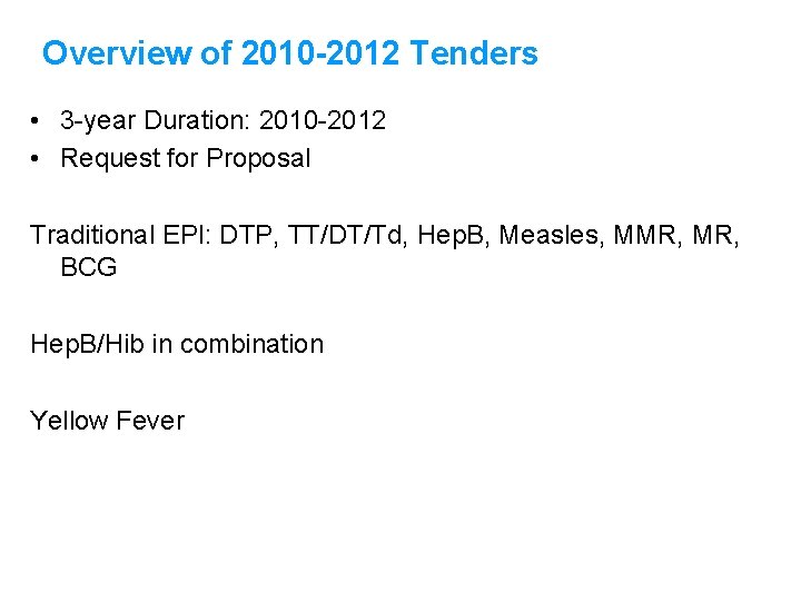Overview of 2010 -2012 Tenders • 3 -year Duration: 2010 -2012 • Request for