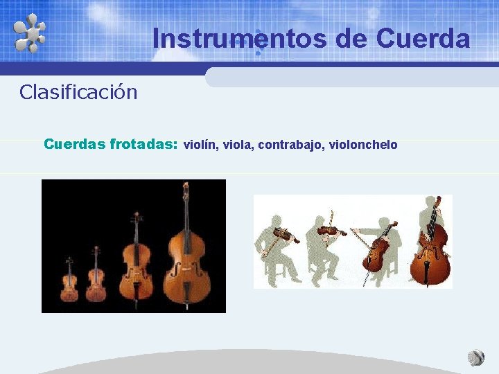 Instrumentos de Cuerda Clasificación Cuerdas frotadas: violín, viola, contrabajo, violonchelo Instrumentos de Cuerda Clasificación Cuerdas frotadas: violín, viola, contrabajo, violonchelo