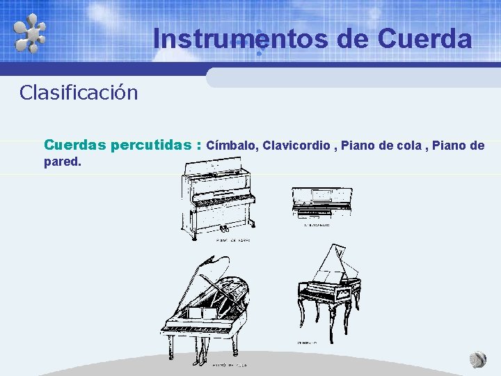 Instrumentos de Cuerda Clasificación Cuerdas percutidas : Címbalo, Clavicordio , Piano de cola , Instrumentos de Cuerda Clasificación Cuerdas percutidas : Címbalo, Clavicordio , Piano de cola ,
