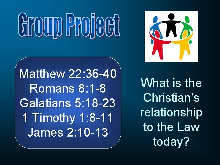 Matthew 22: 36 -40 Romans 8: 1 -8 Galatians 5: 18 -23 1 Timothy