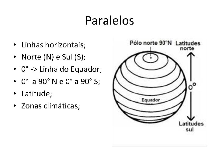 Paralelos • • • Linhas horizontais; Norte (N) e Sul (S); 0° -> Linha