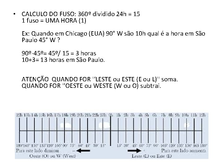  • CALCULO DO FUSO: 360º dividido 24 h = 15 1 fuso =