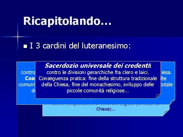 Ricapitolando… n I 3 cardini del luteranesimo: Giustificazione per credenti fede Libero esame delle