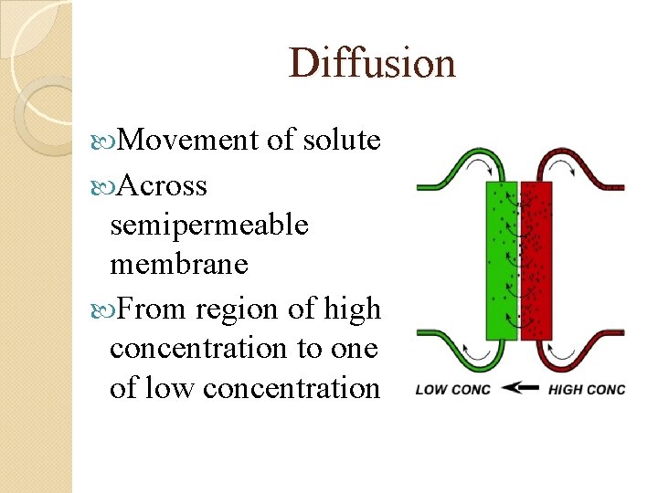 Diffusion Movement of solute Across semipermeable membrane From region of high concentration to one