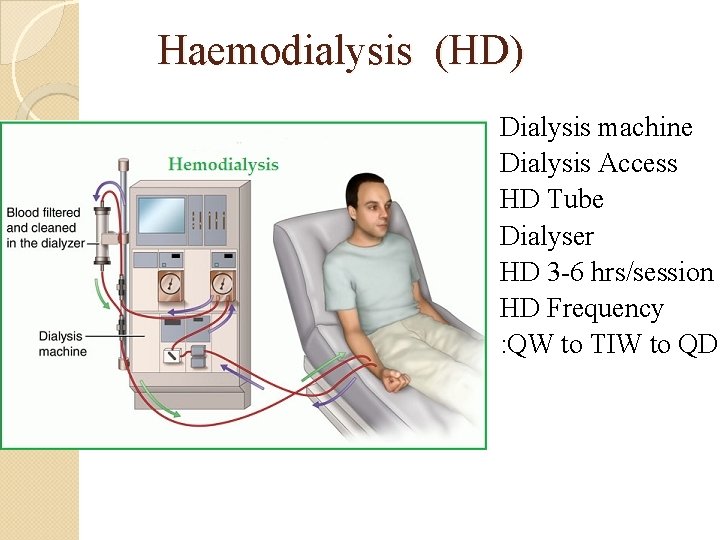 Haemodialysis (HD) Dialysis machine Dialysis Access HD Tube Dialyser HD 3 -6 hrs/session HD