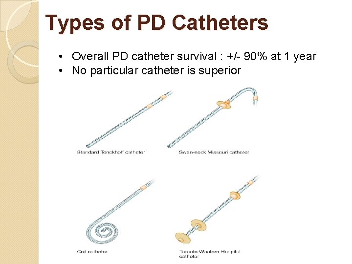 Types of PD Catheters • Overall PD catheter survival : +/- 90% at 1