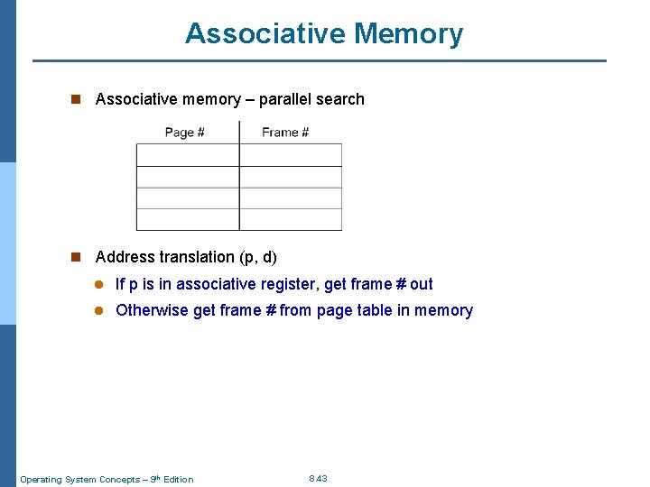 Associative Memory n Associative memory – parallel search n Address translation (p, d) l