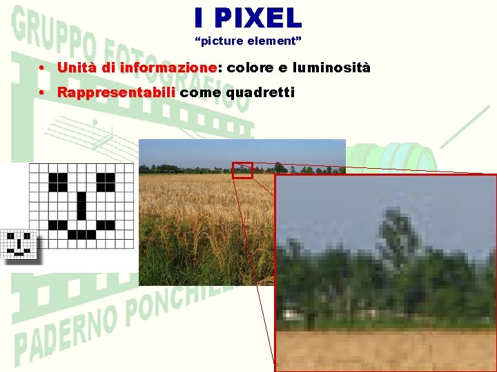 I PIXEL “picture element” • Unità di informazione: informazione colore e luminosità • Rappresentabili