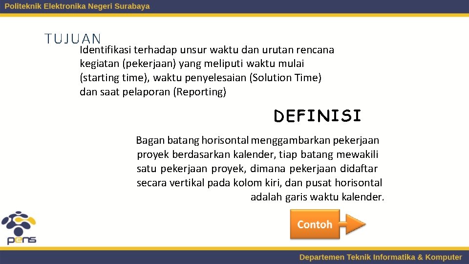 TUJUAN Identifikasi terhadap unsur waktu dan urutan rencana kegiatan (pekerjaan) yang meliputi waktu mulai
