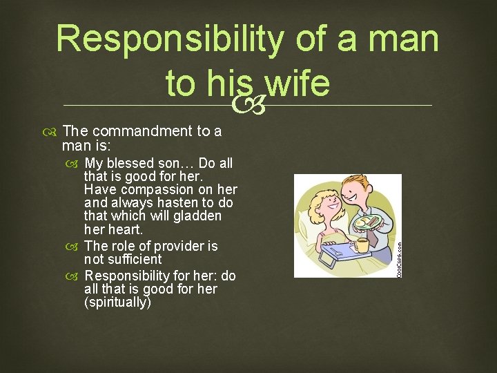 Responsibility of a man to his wife The commandment to a man is: My