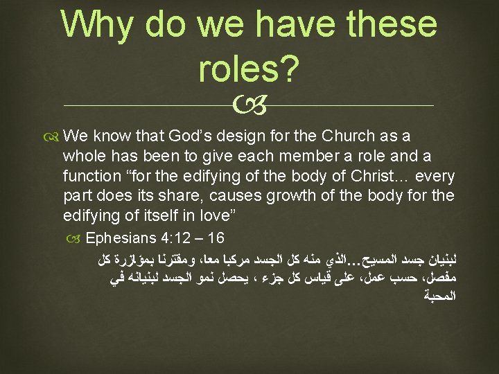Why do we have these roles? We know that God’s design for the Church