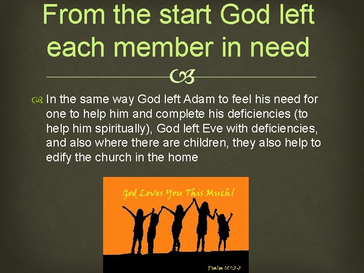 From the start God left each member in need In the same way God