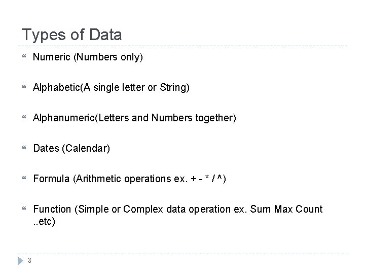 Types of Data Numeric (Numbers only) Alphabetic(A single letter or String) Alphanumeric(Letters and Numbers