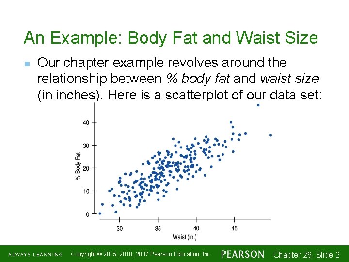 An Example: Body Fat and Waist Size n Our chapter example revolves around the