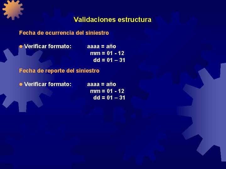 Validaciones estructura Fecha de ocurrencia del siniestro l Verificar formato: aaaa = año mm