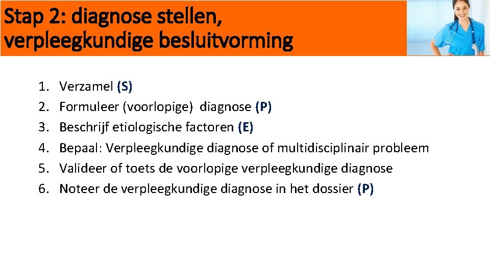 Stap 2: diagnose stellen, verpleegkundige besluitvorming 1. 2. 3. 4. 5. 6. Verzamel (S)