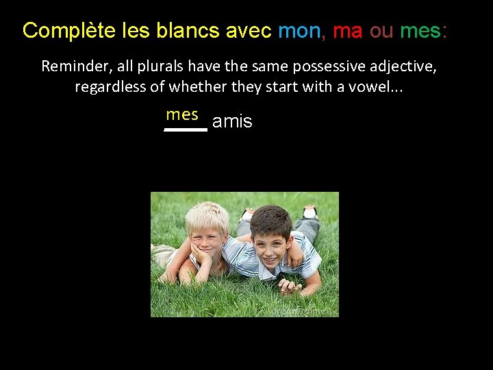 Complète les blancs avec mon, ma ou mes: Reminder, all plurals have the same