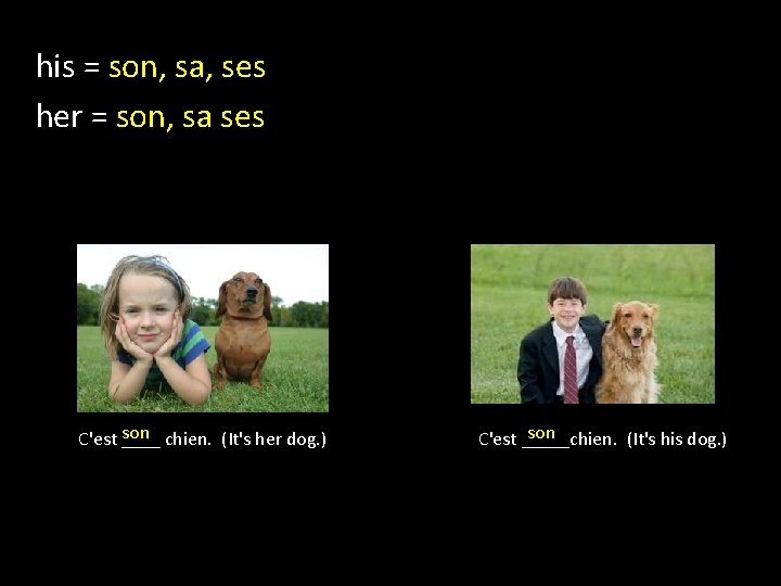 his = son, sa, ses her = son, sa ses son chien. (It's her