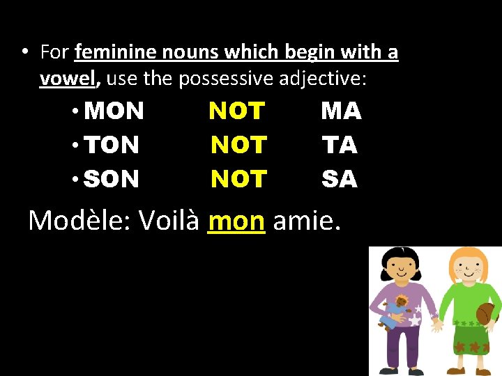  • For feminine nouns which begin with a vowel, use the possessive adjective:
