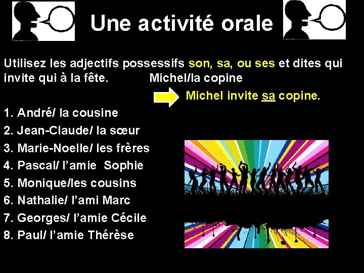 Une activité orale Utilisez les adjectifs possessifs son, sa, ou ses et dites qui