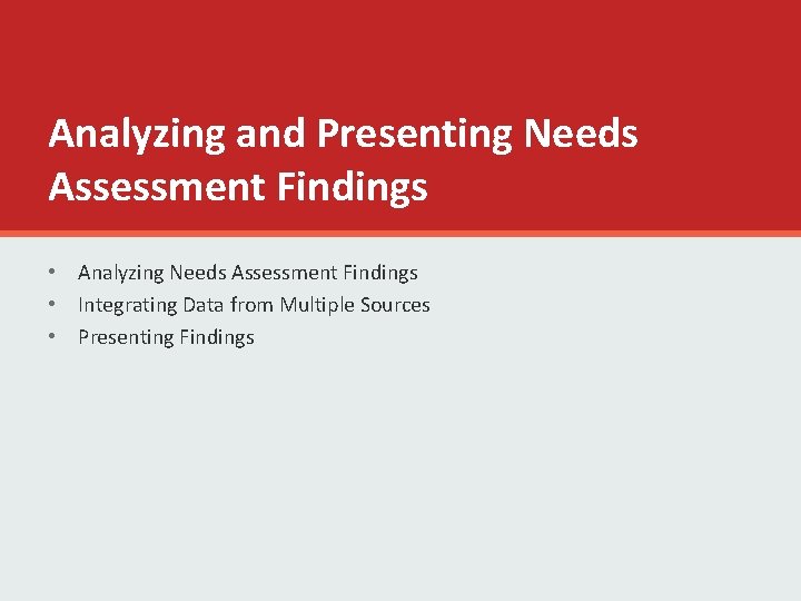 Analyzing and Presenting Needs Assessment Findings • Analyzing Needs Assessment Findings • Integrating Data Analyzing and Presenting Needs Assessment Findings • Analyzing Needs Assessment Findings • Integrating Data