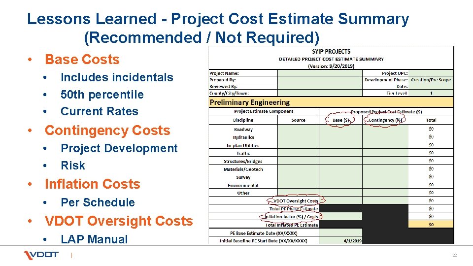 Lessons Learned - Project Cost Estimate Summary (Recommended / Not Required) • Base Costs