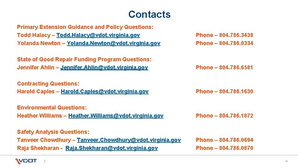 Contacts Primary Extension Guidance and Policy Questions: Todd Halacy – Todd. Halacy@vdot. virginia. gov