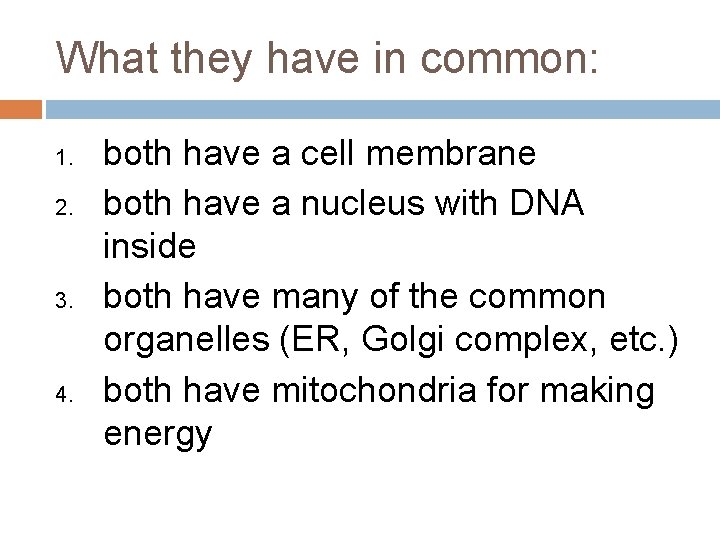 What they have in common: 1. 2. 3. 4. both have a cell membrane
