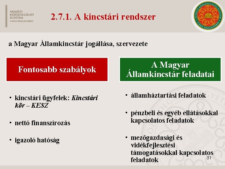 2. 7. 1. A kincstári rendszer a Magyar Államkincstár jogállása, szervezete Fontosabb szabályok •