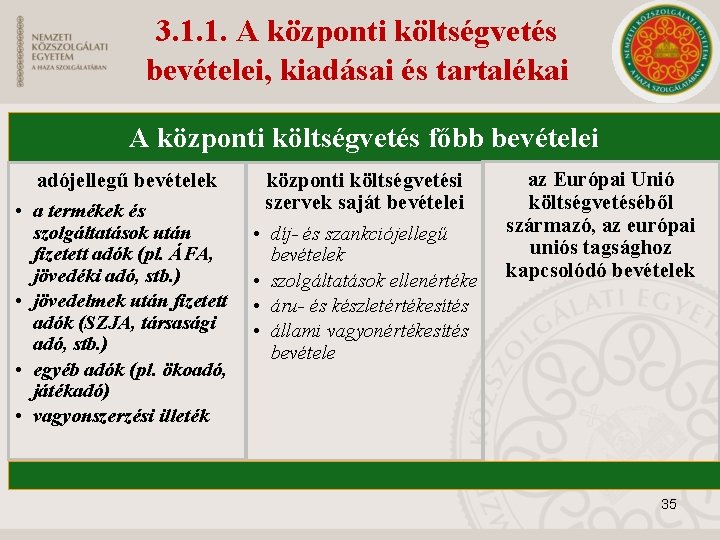 3. 1. 1. A központi költségvetés bevételei, kiadásai és tartalékai A központi költségvetés főbb