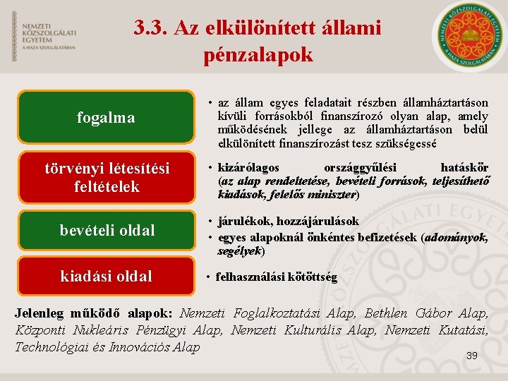 3. 3. Az elkülönített állami pénzalapok fogalma • az állam egyes feladatait részben államháztartáson