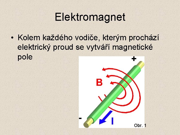 Elektromagnet • Kolem každého vodiče, kterým prochází elektrický proud se vytváří magnetické pole Obr.