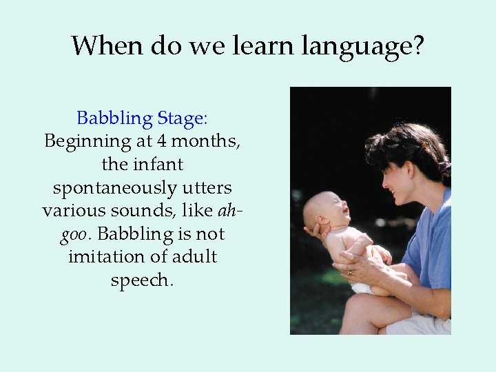 When do we learn language? Babbling Stage: Beginning at 4 months, the infant spontaneously