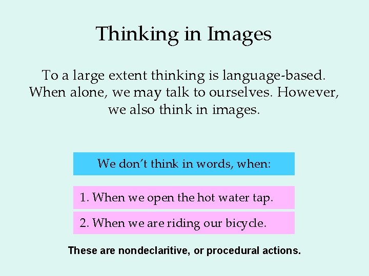 Thinking in Images To a large extent thinking is language-based. When alone, we may