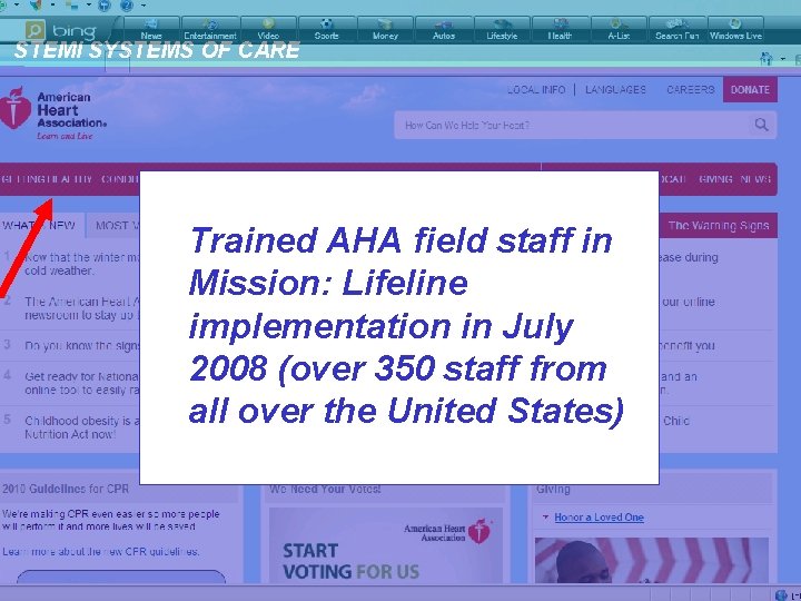 STEMI SYSTEMS OF CARE Trained AHA field staff in Mission: Lifeline implementation in July